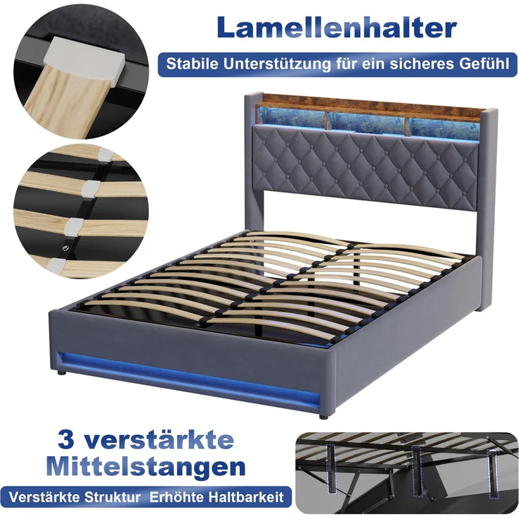 Luxuriöses Polsterbett 160x200 cm, Dunkelgrau Samt, hochelastische Polsterung, Lattenrost (ohne Matratze) – Bild 8