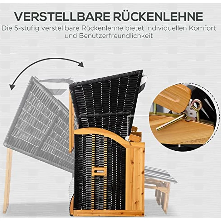 Outsunny Doppelte Strandkorb, Grau, mit verstellbarer Rückenlehne, 2 Klapptischen und Fußstützen, 79x160x118 cm – Bild 6
