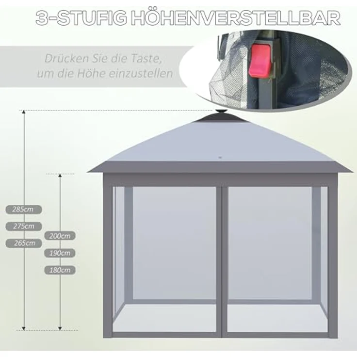 Outsunny Pavillon 3,3 x 3,3 m Faltpavillon mit LED-Beleuchtung, USB-Ladeanschluss und Mesh-Seitenwänden, Oxford Grau mit Sonnenschutz und Tragetasche – Bild 5