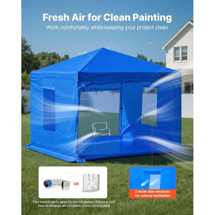 VEVOR tragbares Lackierkabinenzelt (293 x 293 x 181 cm) Sprühfarbenzelt für Sprühmalerei, wasserfeste & Faltbare Farbkabine mit 2 Netz-Seitenfenstern für Autoteile Möbel Motorräder Sprühschutz blau – Bild 3