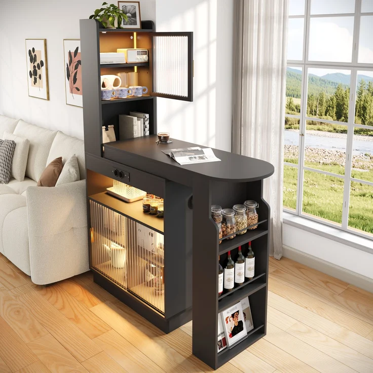 ZUBALIYA Küchenschrank mit Glastüren / Barschrank & Sideboard, mit ausziehbarer Bartisch & Stehtisch mit Stauraum und steckdose, Schwarz, 131–170 x 40 x 170 cm, fürs Büro, mit LED, Samt – Bild 5