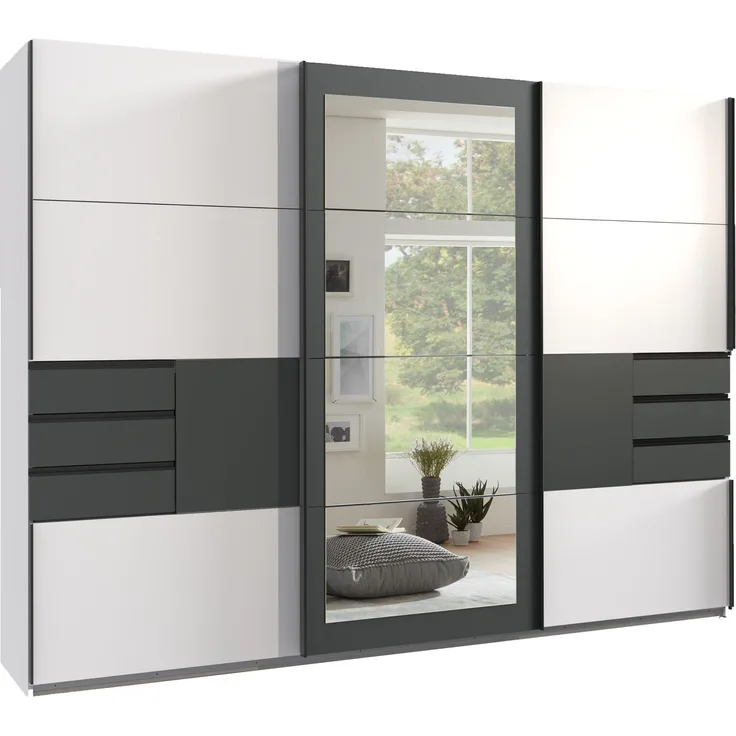 Schwebetürenschrank Kleiderschrank 270 cm 3-türig Schubladen Spiegel Weiß Grafit