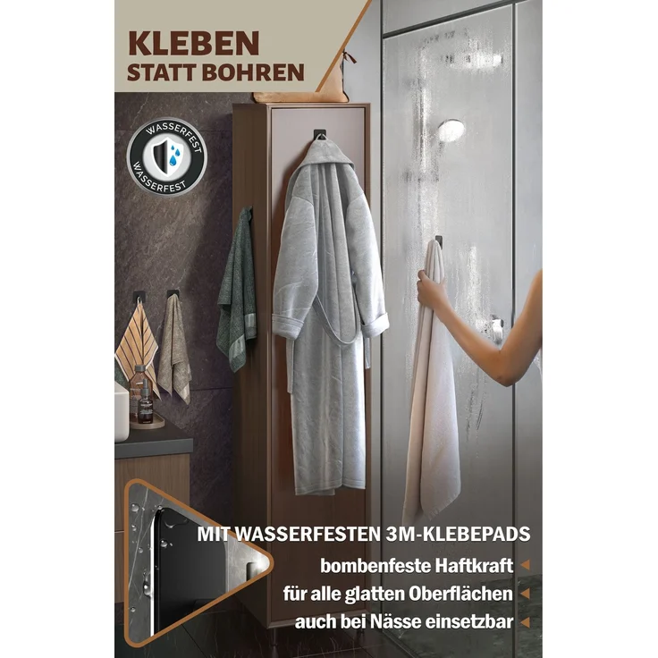 Lindenstein Selbstklebende Handtuchhaken 6er-Set Schwarz – Edelstahl 304, bis 10 kg – Bild 4