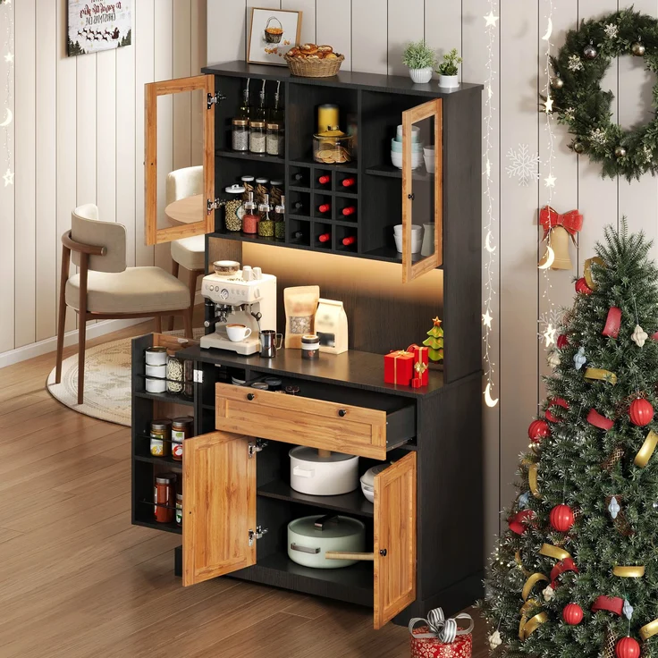 Küchenschrank, Hochschrank, Aufbewahrungsschrank, Vitrinenschrank mit Tür, integriertem Gewürzregal, verstellbaren Einlegeböden,mit farbwechselnder LED-Beleuchtung und Steckdose, 180 × 105 × 40 cm--Schwarz + Natur--105x40x180cm--YOUDENOVA – Bild 8