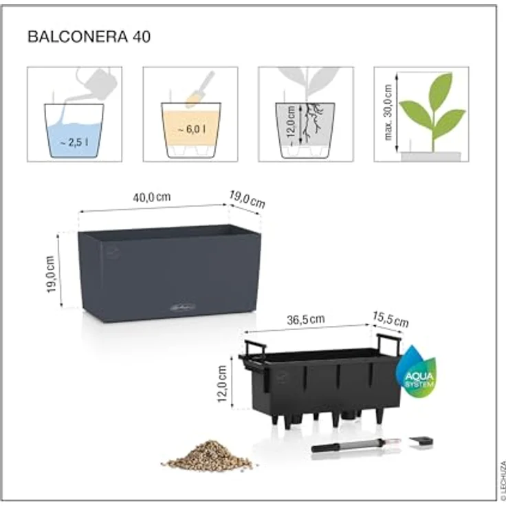 Lechuza Balconera Balkonkasten Stone, max. 40 cm, Höhe 19 cm, Quarzweiß, mit bewährtem Bewässerungssystem – Bild 5