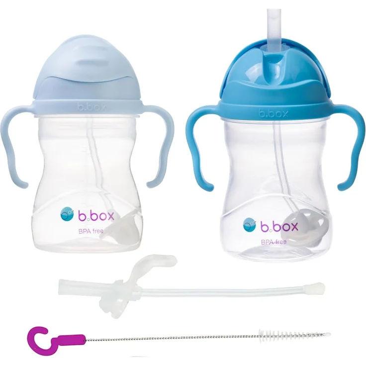 b.box Trinklernbecher 2er Pack mit Ersatzstrohhalme und Reinigungsbürste | Flip-Top, Schwerer Strohhalm, Griff, Auslaufsicher | BPA-Frei & für Spülmaschine | Ab 6 M | 2 x 240 ml