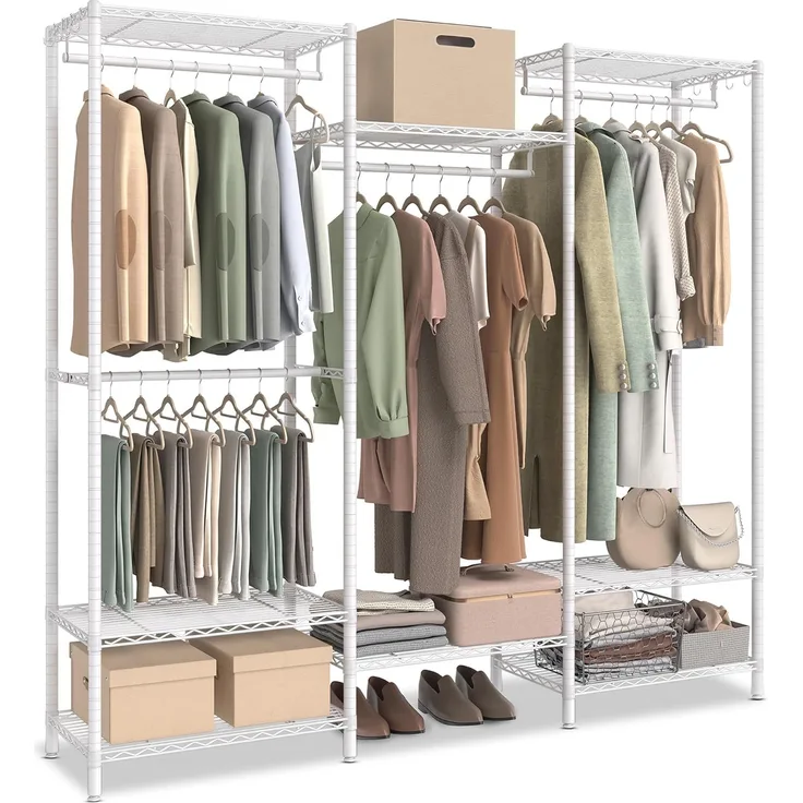 SONGMICS Kleiderständer, offener Kleiderschrank, Garderobe aus Metall, Garderobenständer mit verstellbaren Ablagen und Kleiderstangen, Haken, hochbelastbar, trennbar, wolkenweiß LGRDE431W01