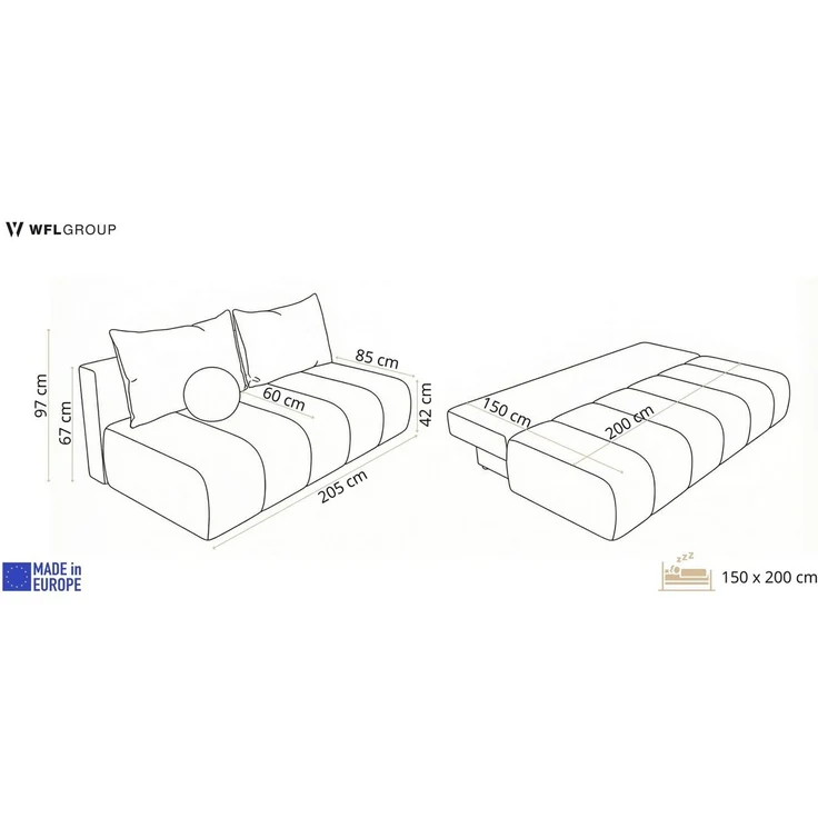 WFL GROUP Schlafsofa Milla mit Bettkasten – 3 Sitzer Couch mit Schlaffunktion, Bettfunktion, MADE IN EU, Schlaffläche 150 × 200 cm, Skandinavische Polstercouch im modernen Design – Weicher Boucle – Bild 2