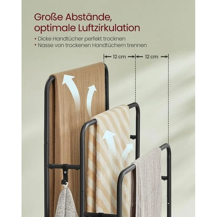 VASAGLE Handtuchhalter, stehend, Handtuchständer 3 Stangen, 70 x 30 x 100 cm, 2 Haken, Ablage, für Decke, Badetücher, tintenschwarz-ebenholzschwarz LLS019B01 – Bild 3