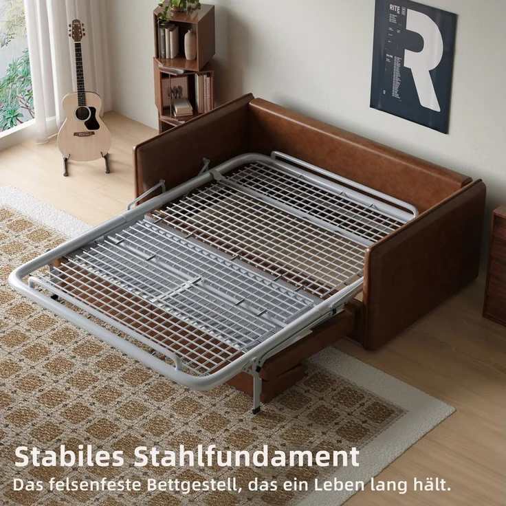 oleyluckidea Schlafsofa 3-in-1 schlafcouch ausziehbar,160cm mit Matratze,sofabett Lederoptik, Set, Zum Bett umwandelbar, braun – Bild 4