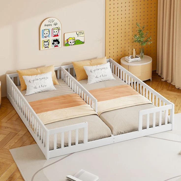 Merax 90 x 200 cm Kinderbett mit Gitter, Ohne Lattenrost (ohne Matratze), für Familien mit zwei Kindern, Kiefernholz, Minimalistischer Stil, Weiß – Bild 2