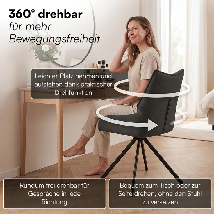 skølm 'Freyja' Esszimmerstühle, 6er Set, anthrazit, gepolsterter Leinenbezug, höhenverstellbar & drehbar, Polsterstühle mit Armlehnen – Bild 3