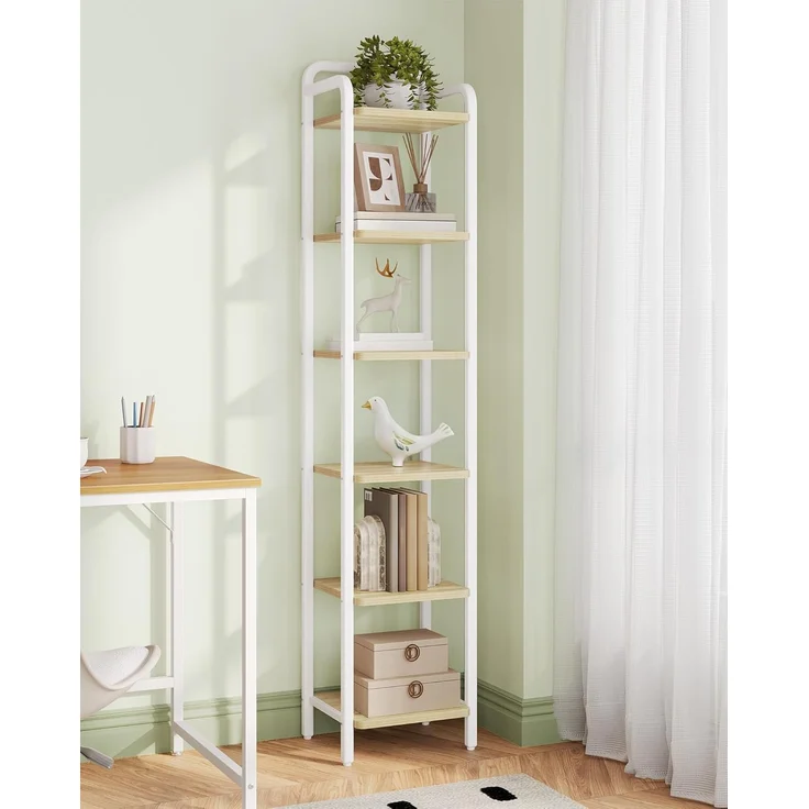 Regal, Bücherregal, Standregal, Schmales Regal mit 6 Ebenen, Schmales Büroregal, Eckregal für Büro, Wohnzimmer, Schlafzimmer, Küche, 30 x 33 x 166 cm, Weißeiche und Weiß – Bild 1