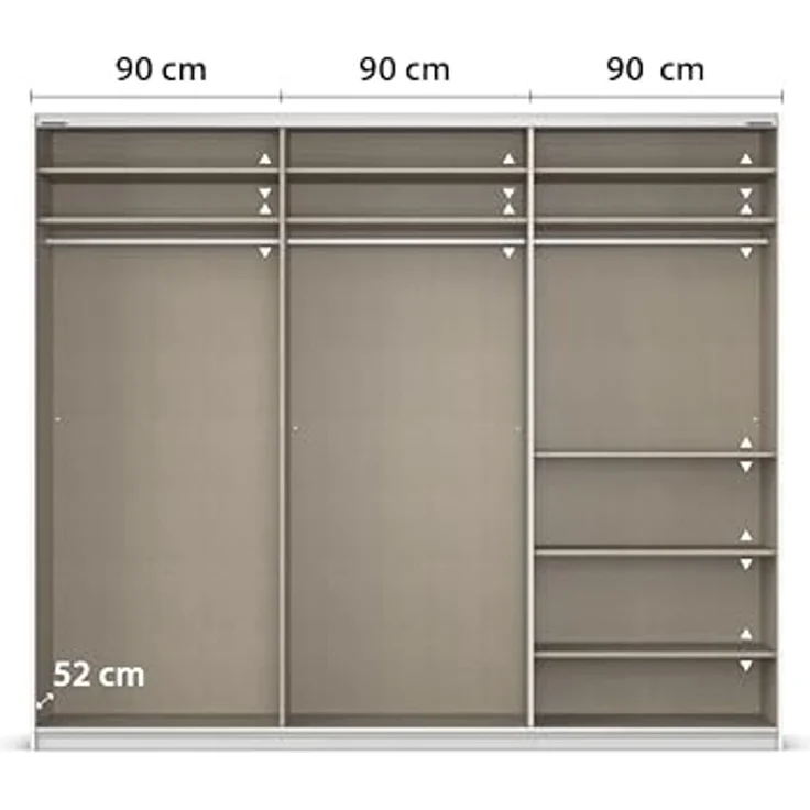 Rauch Möbel Kulmbach, Kleiderschrank mit Schwebetüren für Schlafzimmer, Kinderzimmer, Jugendzimmer, Garderobe, Flur, 3-türig, mit Spiegel, Zubehör Classic, Farbe Beige, Breite 271 cm – Bild 7