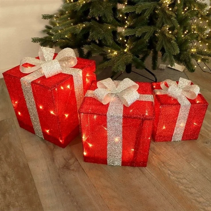 Gartenpirat LED Dekofigur Geschenkboxen mit Schleife 3er-Set Weihnachtsdeko außen innen Timer, Warmweiß/Rot, Timer-und Schalter-Funktion: Schalter mit 3 Funktionen (ON/OFF/TIMER) – Bild 4