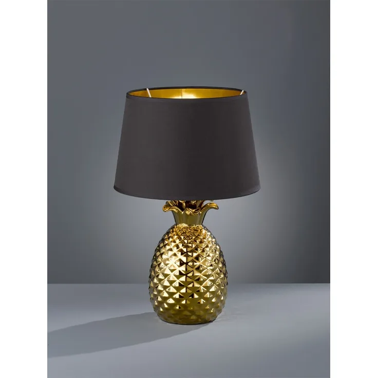 Keramik Tischleuchte, Textil schwarz gold, H 43 cm, PINEAPPLE