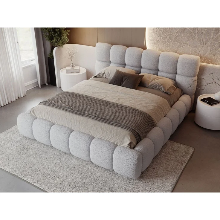 GRAINGOLD Modo Polsterbett 180x200, Doppelbett mit Kopfteil, groß Stauraum, Bouclé-Stoff, Hellgrau – Bild 3
