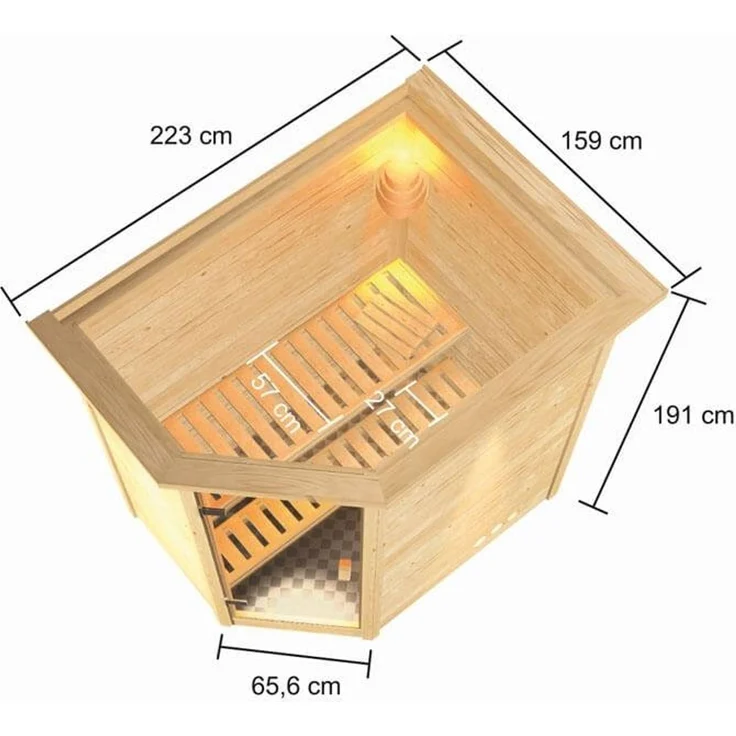 Karibu Jella Ecksauna mit Dachkranz + 9kW Saunaofen mit ext. Steuerung Easy – Bild 3