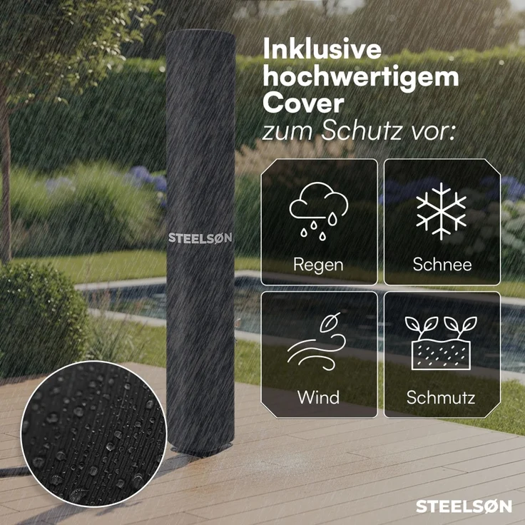 STEELSØN 'Selara' Solardusche 20 Liter, schwarz, warmes Wasser bis 60°C, Gartendusche mit schwankendem Regenduschkopf und Wasserhahn, Outdoor Dusche inkl. Schutzhaube und Kunststoffboden – Bild 6