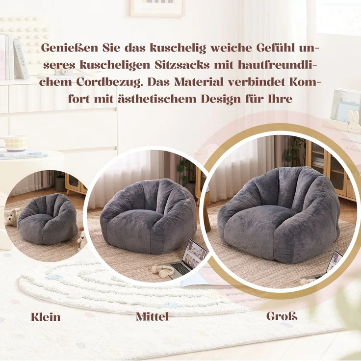 Sitzsack in Grau 111cm×123cm×75cm mit Kunstfell-Bezug – gepolsterter Loungesessel für Wohnzimmer und Schlafzimmer – Bild 10