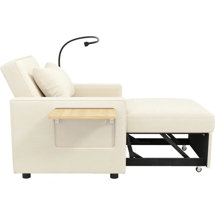 Multifunktionales faltbares Schlafsofa mit USB-Ladeanschluss und Handyhalter, 1-Sitzer Relaxsessel Sofa Bett umwandelbar, platzsparend für Wohnzimmer und Schlafzimmer, Cord Stoff, Beige – Bild 17