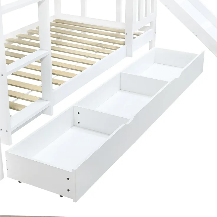 Etagenbett mit 2 Schlafgelegenheiten und Lattenrost, 90x200 cm, Kinderbett mit Rutsche, Schubladen und Rausfallschutz, Spielbett, Kiefer – Bild 8