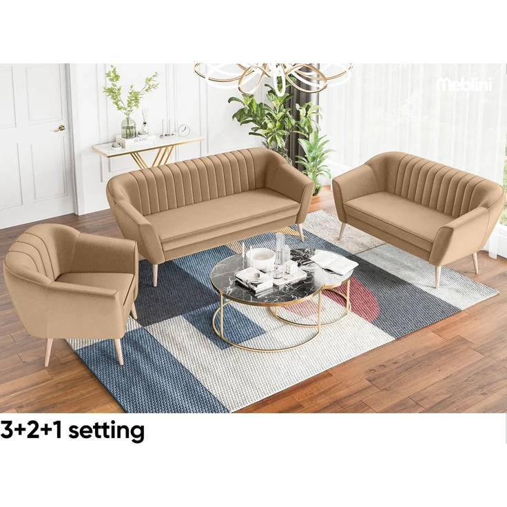 MEBLINI Sofa-Set KAIA 2+1 - Beige Samt - für Wohnzimmer - Mini Lounge für drei Personen - Küchensofa - Sofa Klein - Sitzgarnitur - Polstergarnitur - Sofagarnituren – Bild 6