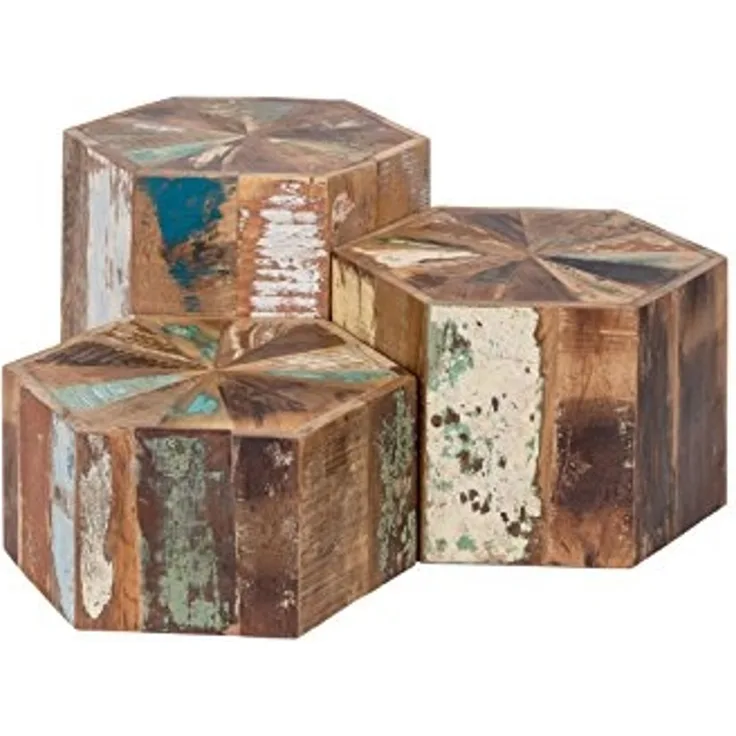 Couchtisch-3er-Set massivum Wakefield aus recyceltem Holz 50x45x50 cm sechseckig bunt Satztisch Beistelltisch Sofatisch Vintage