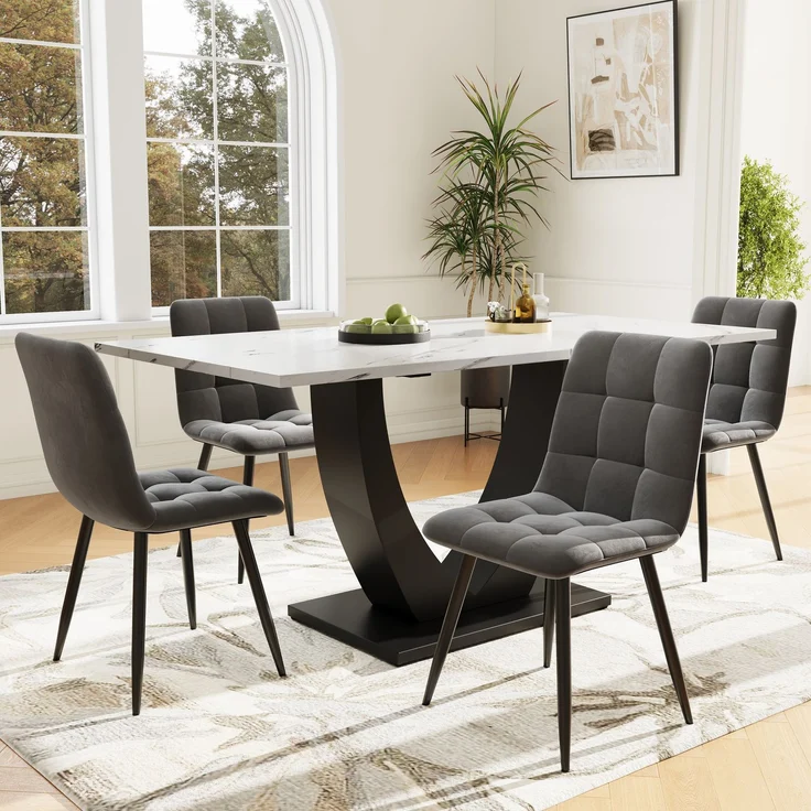 140 x 75.5cm Esstisch,(1-St), moderner Küchentisch, Gestell aus Metall Rechteckiger Esstisch aus Moderner Marmormuster Küchentisch mit verstellbaren Füßen für Esszimmer Wohnzimmer, Weiß/Schwarz – Bild 2