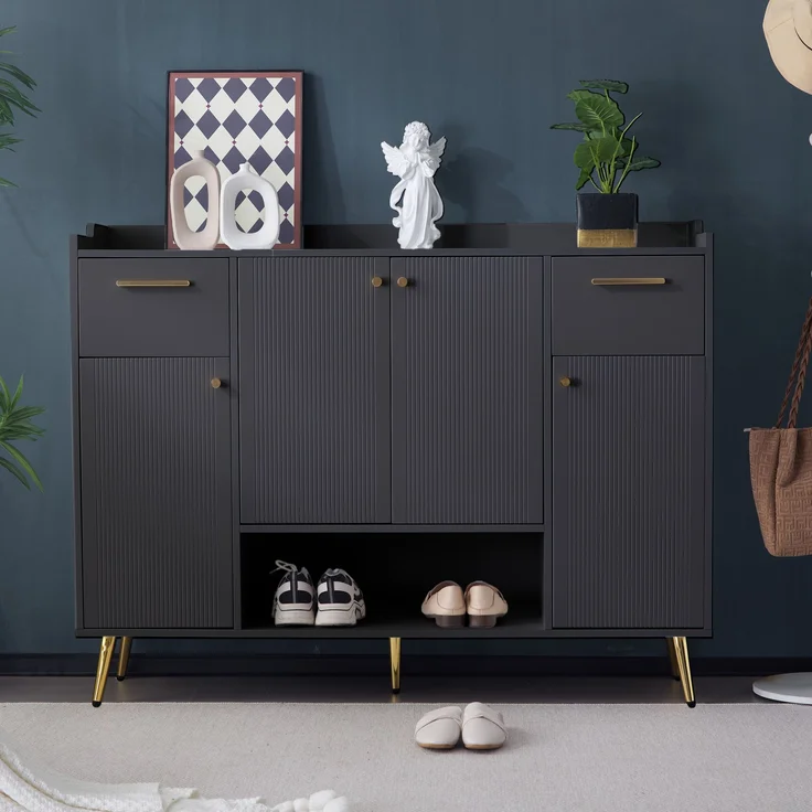 Schuhschrank Schwarz Modern Mit 4 Türen Und 2 Schubladen 130cm Breit Aufbewahrungsschrank Mit Offenem Fach Hohe Beine Schuhregal Für Flur Eingangsbereich Schlafzimmer Maximierter Stauraum Für Schuhe Accessoires Kippsicherung Inklusive Hochwertige Spanp... – Bild 10