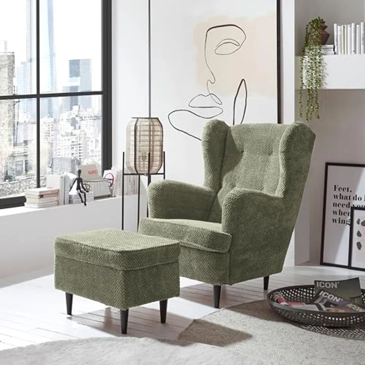 Stella Trading Oskar Fußhocker gepolstert, Olive - Vintage Polsterhocker für Sessel, Couch und Sofa - 63 x 43 x 42 cm (B/H/T) – Bild 5