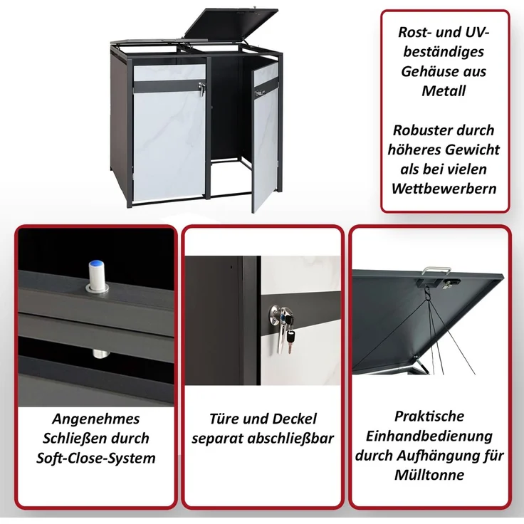 1er Mülltonnenverkleidung HWC-J82, Mülltonnenbox, erweiterbar, Metall 32kg, anthrazit ~ Kirsche-Holzoptik dunkelbraun – Bild 2