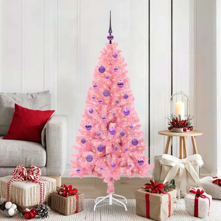vidaXL Weihnachtsbaum mit LED-Beleuchtung Rosa 150 cm PVC und Stahl 3396422 – Bild 1