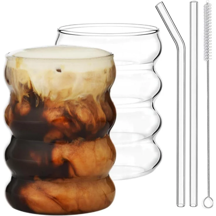 ALINK 350ml Gerippte Trinkgläser Set of 2 Glass Straws Wave Longdrinkgläser – Bild 1