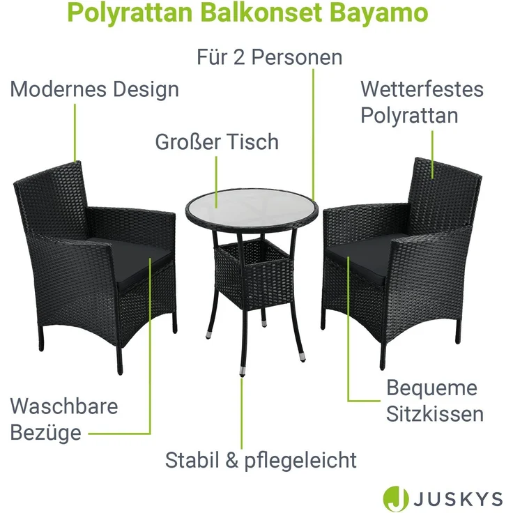 Juskys 'Bayamo' Balkon-Set für 2 Personen – Tisch, 2 Stühle mit Auflage, Polyrattan schwarz / grau – Bild 13