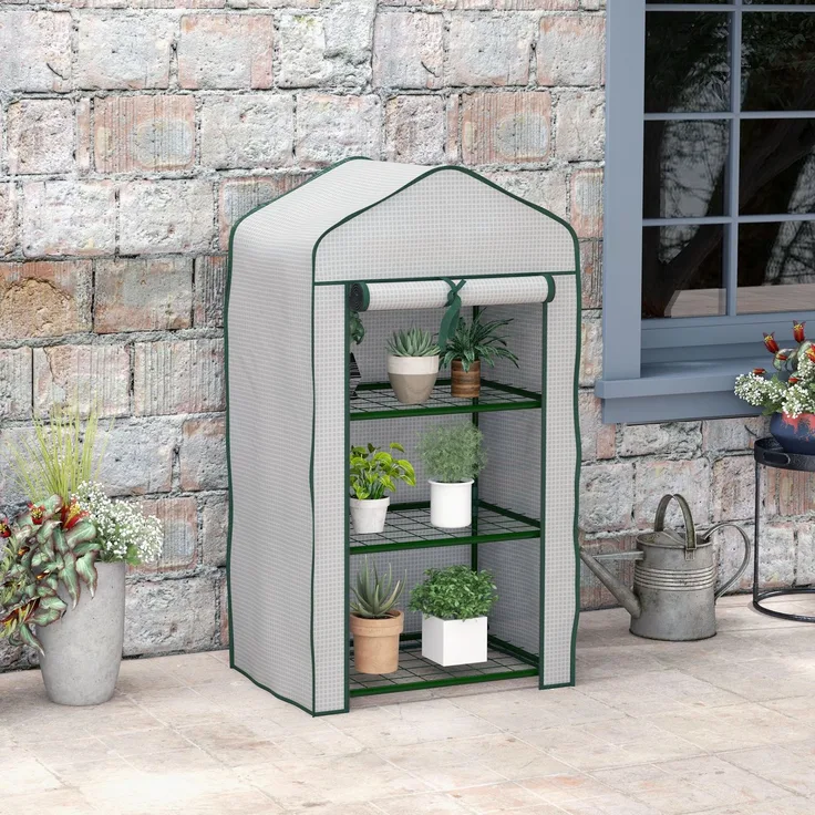 Wohnora-Gartenregal für Gewächshaus, 3 Ebenen, Maße 59 x 39 x 127 cm (L x B x H), pulverbeschichtetes Metall, grün, hochdichtes PE 140 g/m², weiß,H 1270cm x T 630cm x B 390cm