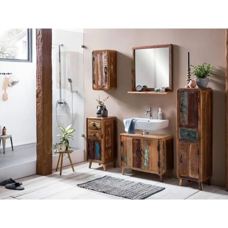 Badmöbel Komplettset Kalkutta II aus recyceltem Holz - Einzigartige Farbgebung, Mehrfarbig, Platzsparend & Stilvoll