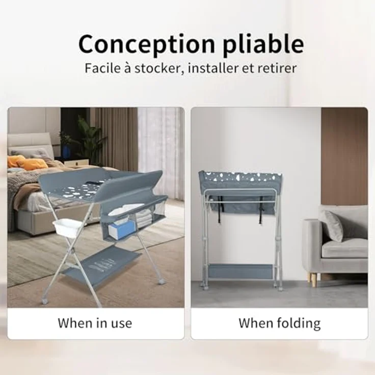 Baby Klappbarer Wickeltisch，Mobiler Wickeltisch mit Rollen und Wickelauflage,Wasserdicht und Höhenverstellbar，Baby Wickelkombi mit Ablagefächern-80 * 58 * 90 cm-dunkelgrau – Bild 9