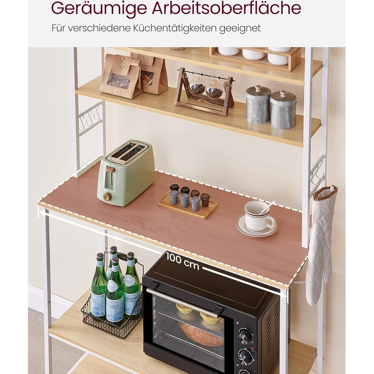 Vasagle Küchenregal mit Ablage und 6 Haken, Stahl eichenfarben-weiß, 40 x 100 x 167 cm – Bild 6