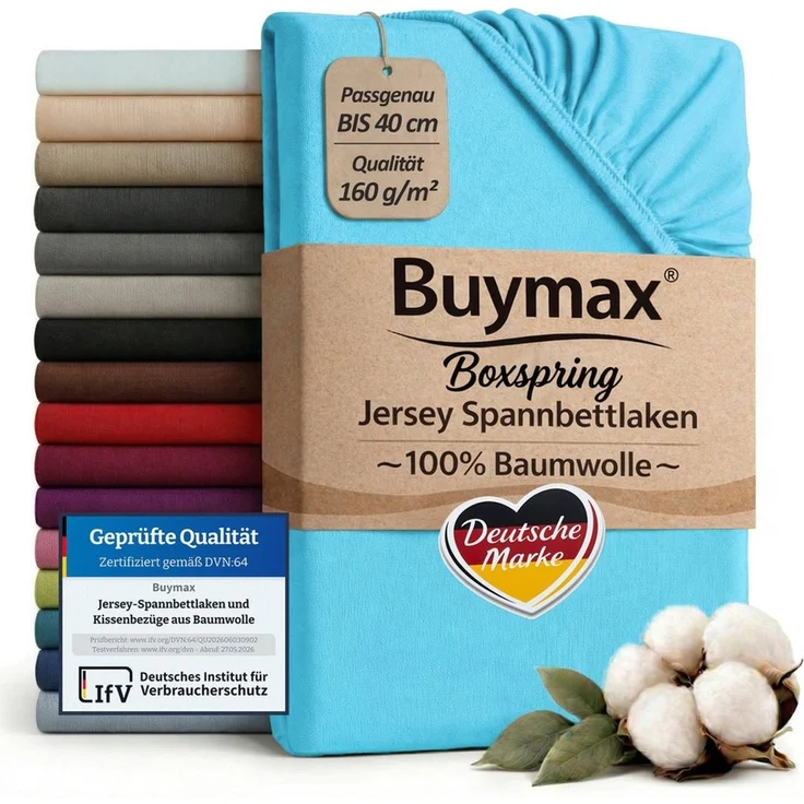 Buymax Spannbettlaken Boxspringbett 90x200-100x220 cm, 100% Baumwolle Jersey, 160 g/m², Oeko-TEX, für hohe Matratzen, Türkis – Bild 1