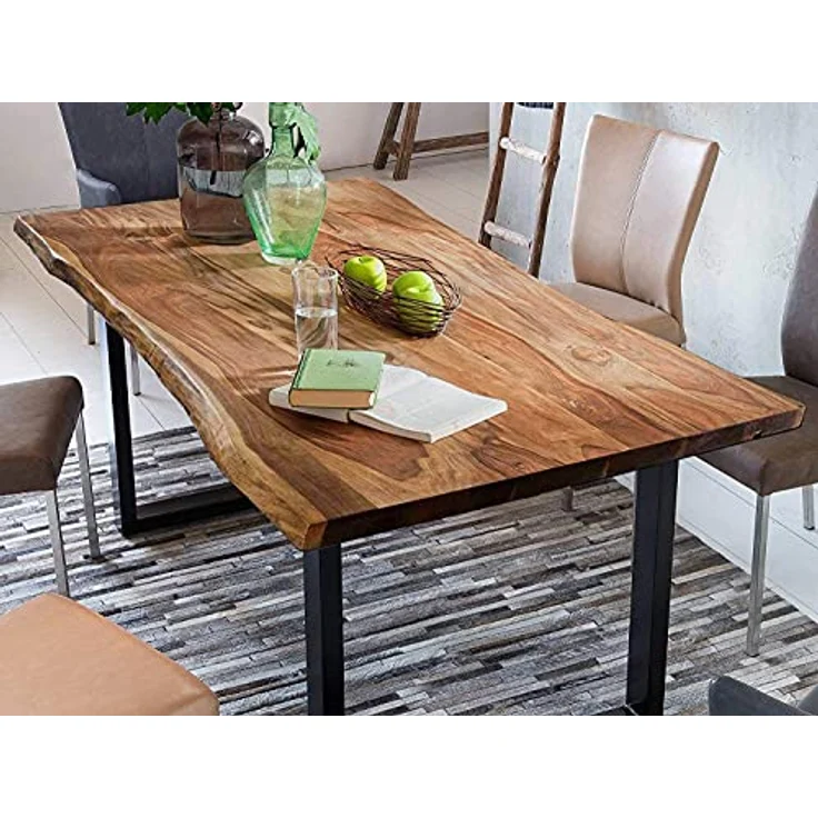 SAM Baumkantentisch 140x80 cm Quarto, Akazienholz massiv + nussbaumfarben lackiert, Esstisch mit schwarz lackiertem U-Gestell, Esszimmertisch/Holztisch im Industrial-Design, Tischplatte 26 mm – Bild 4