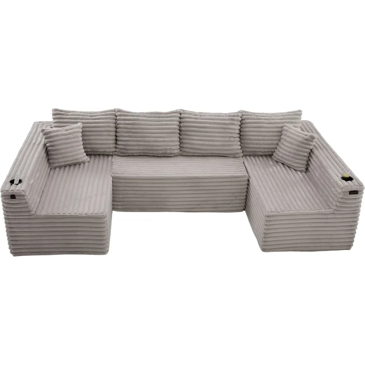 U-förmige Cord-Wohnlandschaft 320 cm mit Getränkehaltern, Seitentaschen und 6 Kissen, modulares Sofa mit Schaumstoff-Feder-Polsterung, Hellgrau – Bild 25