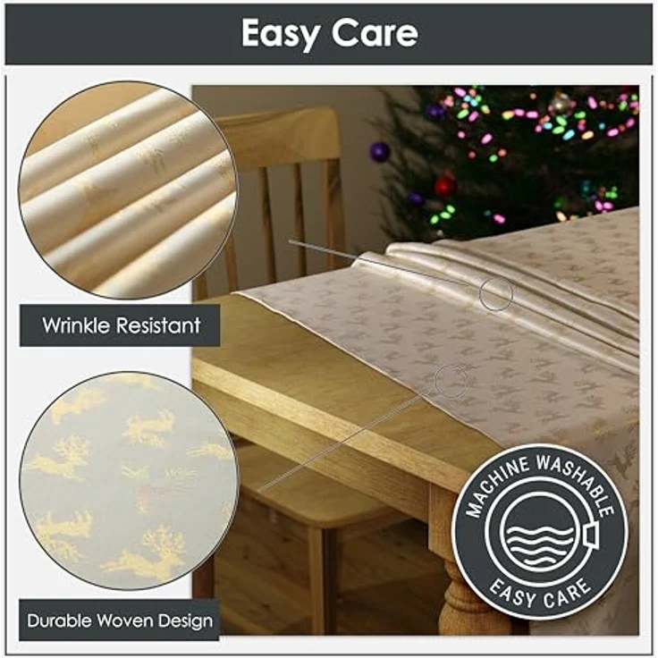 Emma Barclay Weihnachtstischdecke, rechteckig, maschinenwaschbar, Weihnachts-Tischdecke, cremefarben mit goldenem Rentier-Design, 178x274 cm – Bild 4