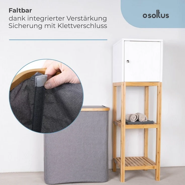 osoltus Wäschesortierer Nelson 2-Fach Wäschekorb Bambus grau 60 x 55 cm – Bild 3
