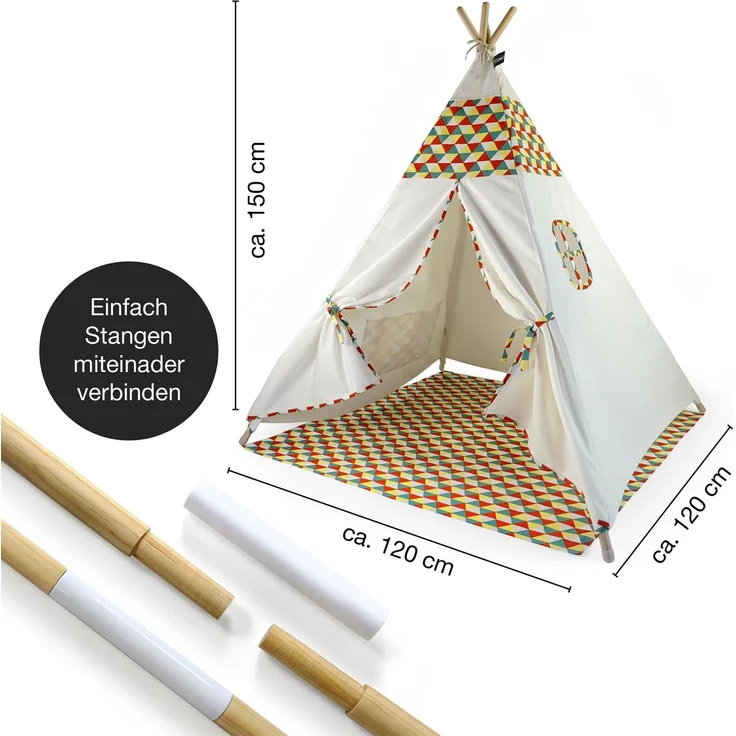 Hej Lønne Tipi Zelt für Kinder (Farbige Bemusterung), Indianerzelt, 4 Stangen, 120x120x150cm, Baumwolle – Bild 2