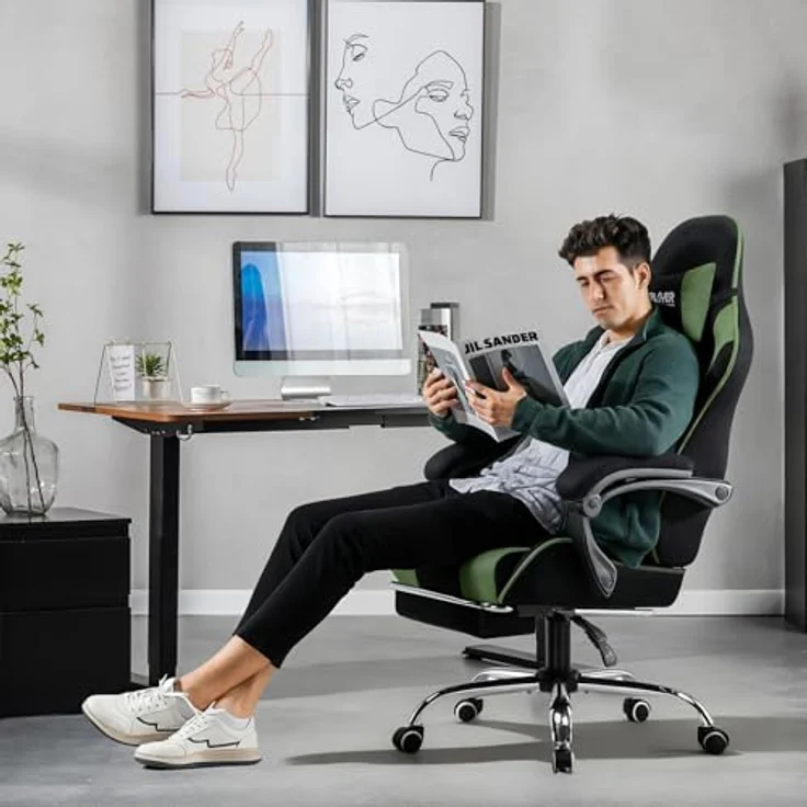 GTPLAYER Gaming Stuhl, Bürostuhl, Ergonomischer Pc Stuhl, Gaming Sessel mit Massagelendenwirbelstütze, Task Stühle mit Fußstütze und Kopfstütze, Grün Stoff – Bild 3