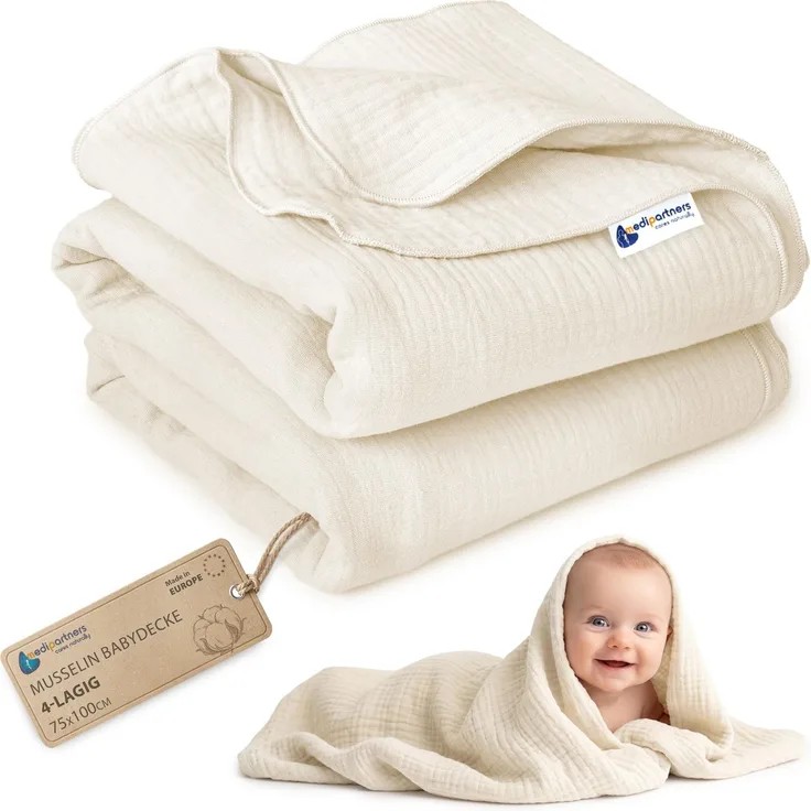 Medi Partners Musselin Babydecke 75x100cm Baby Decke Musselindecke Neugeborenen - dünne dünne Kuscheldecke Sommer Babydecken für Kleinkinder Krabbeldecke Kinderbett Kinderwagen (Beige)