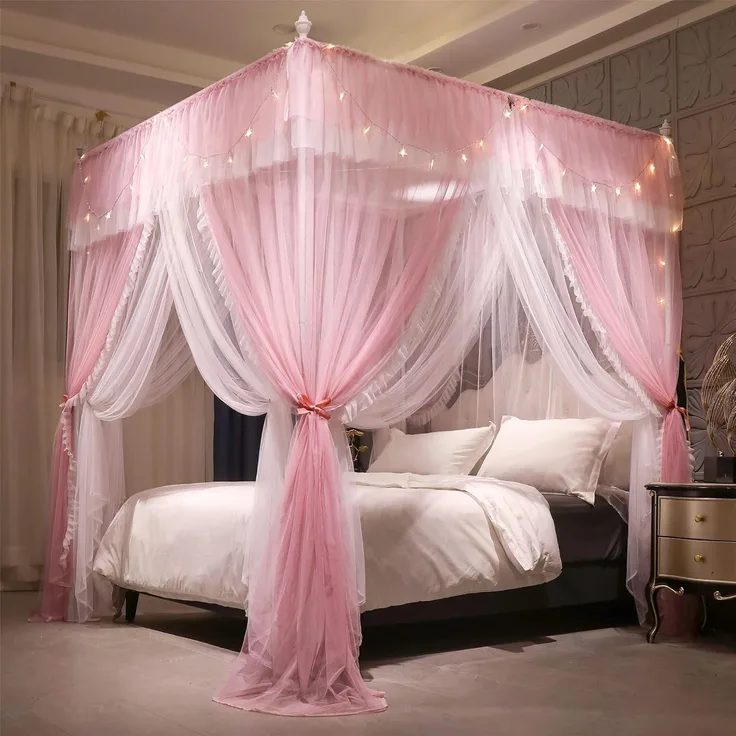 VETHIN 4 Ecken Pfosten Rüschen Prinzessin Bett Baldachin Vorhang, 4 Öffnungen Moskitonetz für Mädchen Erwachsene Schlafzimmer Dekoration (Rosa/Weiß, 162.6 cm Bx208.3 cm Lx208.3 cm H) Queen