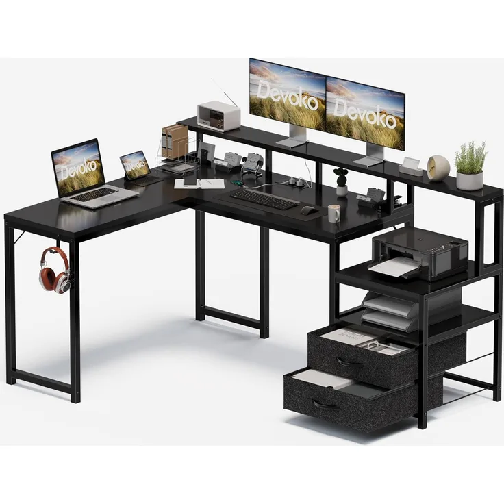 Devoko Eckschreibtisch 168×120cm, L-Schreibtisch mit Stauraum, Eckschreibtisch Schublade mit Steckdose und USB-Ladeport, Computertisch mit Monitorhalterung und Regalen, Schwarz