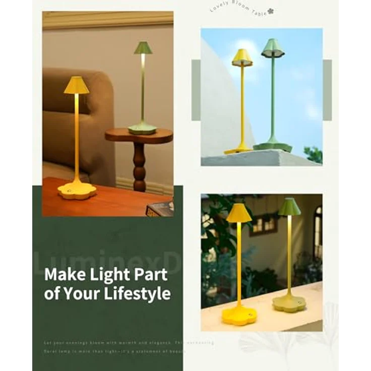 Touch Nachttischlampe Kabellos, Wiederaufladbare Tischlampe, Blumen Design, 3 Farbtemperaturen, Stufenlos Dimmbar, IP54, Gemütliches Ambientelicht für Schlafzimmer, Wohnzimmer, Grün – Bild 7